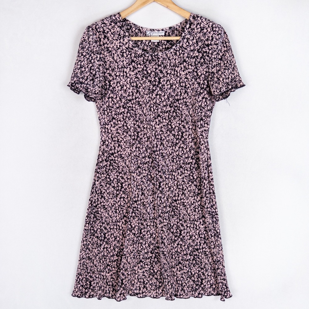 Dressbarn Dress Size 6 Pink Black Floral Crinkle Vintage 90s Grunge Twee Indie